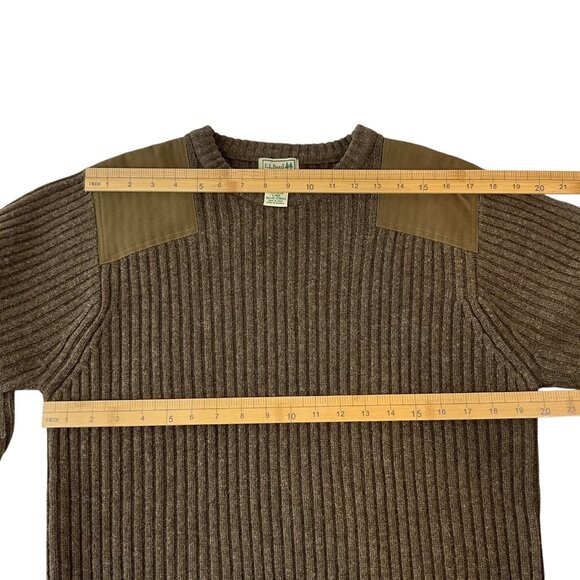 L.L.Bean Commando Sweater Mens Large Brown Wool Merino Rib Shoulder Elbow Patch - Picture 11 of 13